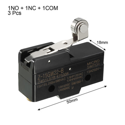 Harfington Uxcell 3PCS Z-15GW22-B 1NO + 1NC Hinge Roller Lever Micro Action Switches