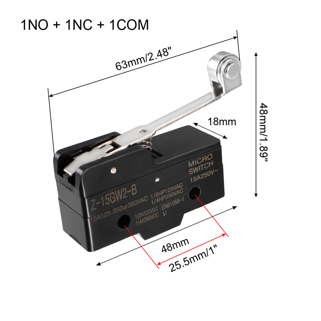 uxcell Uxcell Z-15GW2-B 1NO + 1NC Long Hinge Roller Lever Micro Action Switch