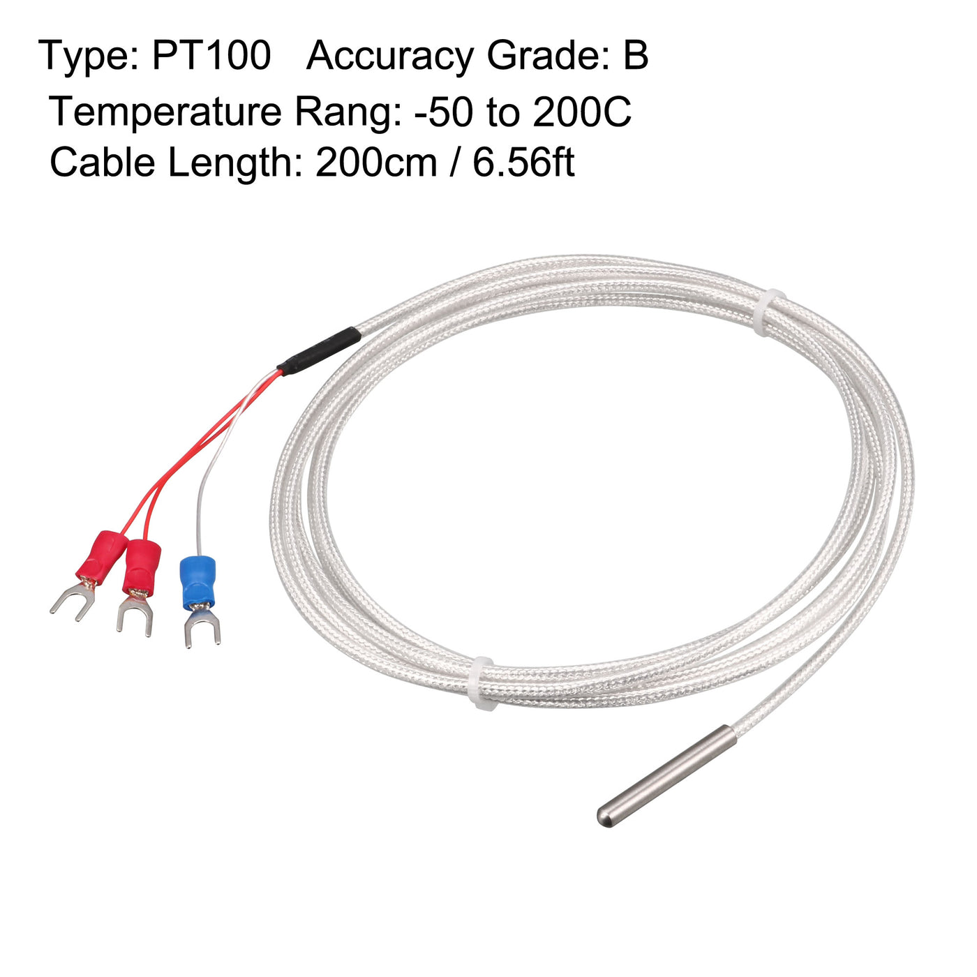 uxcell Uxcell PT100 Temperature Sensor Probe 3 Wires Cable Thermocouple Stainless Steel 200cm(6.56ft) (Temperature Rang: -50 to 200C)