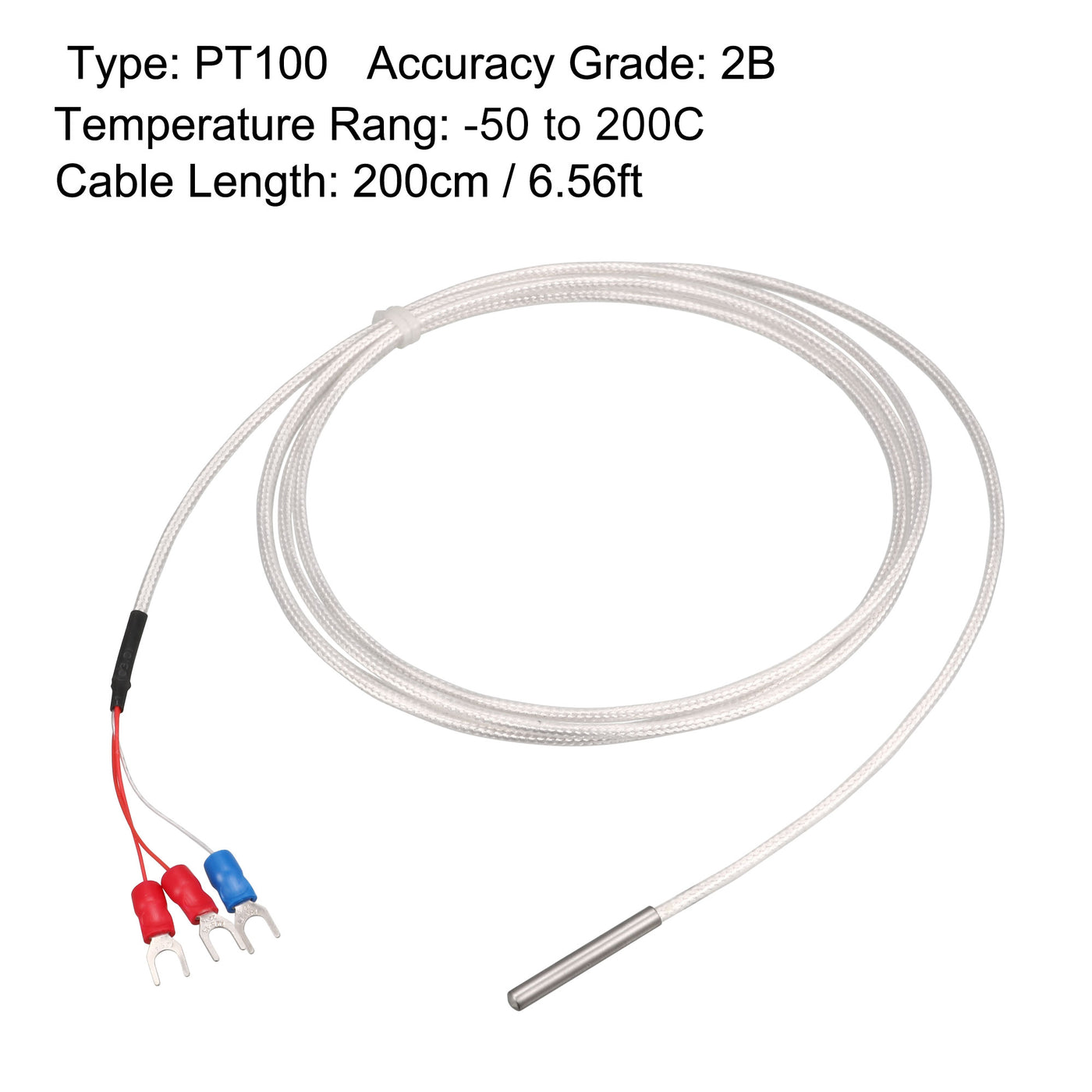 uxcell Uxcell PT100 RTD Temperature Sensor Probe Three-wire System Cable Thermocouple Stainless Steel 200cm(6.56ft) (Temperature Rang: -50 to 200C)