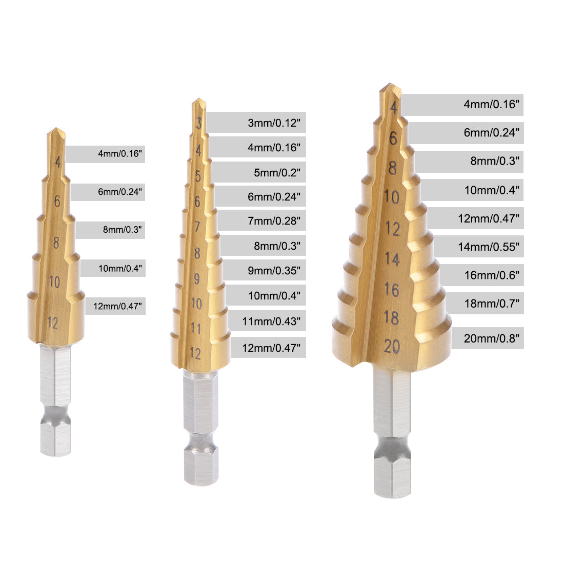 uxcell Uxcell Step Drill Bits Set HSS 3-12mm 4-12mm 4-20mm Titanium Coated Straight Flutes Hex Shank for Metal Wood Plastic