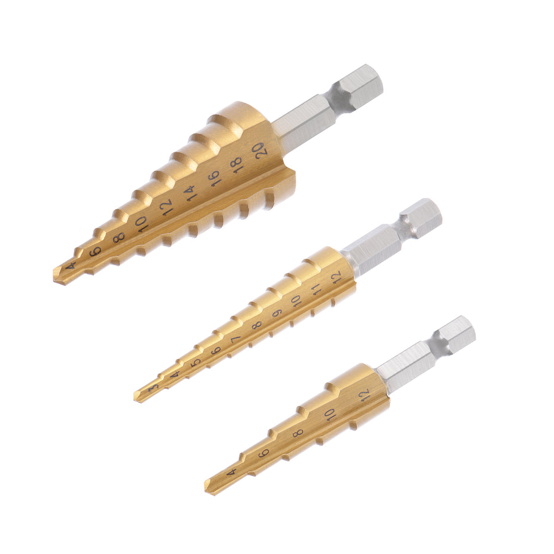 uxcell Uxcell Step Drill Bits Set HSS 3-12mm 4-12mm 4-20mm Titanium Coated Straight Flutes Hex Shank for Metal Wood Plastic