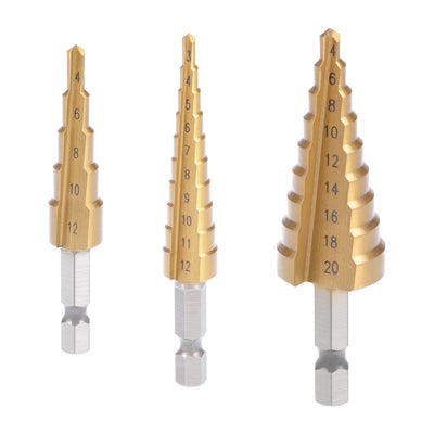 Harfington Uxcell Step Drill Bits Set HSS 3-12mm 4-12mm 4-20mm Titanium Coated Straight Flutes Hex Shank for Metal Wood Plastic