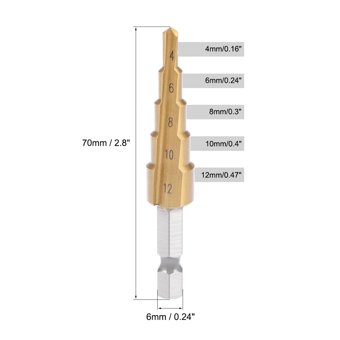 uxcell Uxcell Step Drill Bit HSS 4241 4mm to 12mm 5 Sizes Titanium Coated Straight Flutes Hex Shank for Metal Wood Plastic