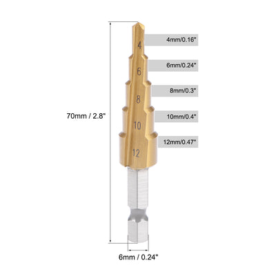 Harfington Uxcell Step Drill Bit HSS 4241 4mm to 12mm 5 Sizes Titanium Coated Straight Flutes Hex Shank for Metal Wood Plastic