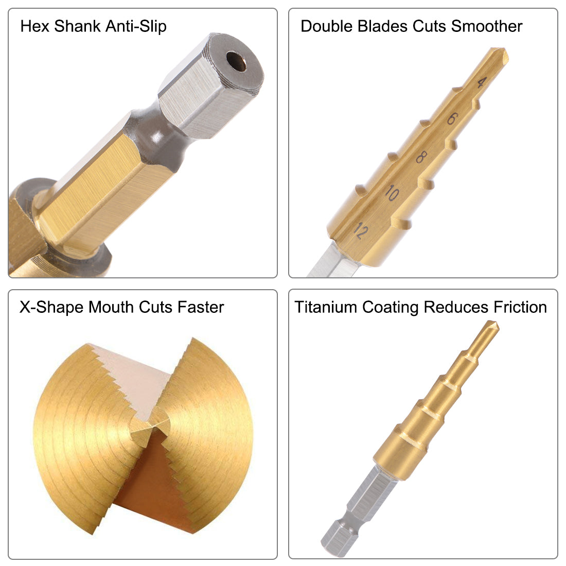 uxcell Uxcell Step Drill Bit HSS 4241 4mm to 12mm 5 Sizes Titanium Coated Straight Flutes Hex Shank for Metal Wood Plastic