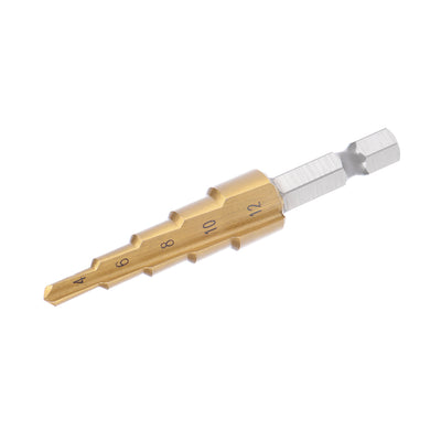 Harfington Uxcell Step Drill Bit HSS 4241 4mm to 12mm 5 Sizes Titanium Coated Straight Flutes Hex Shank for Metal Wood Plastic