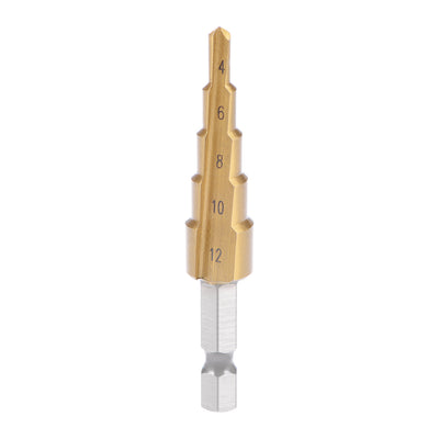 Harfington Uxcell Step Drill Bit HSS 4241 4mm to 12mm 5 Sizes Titanium Coated Straight Flutes Hex Shank for Metal Wood Plastic