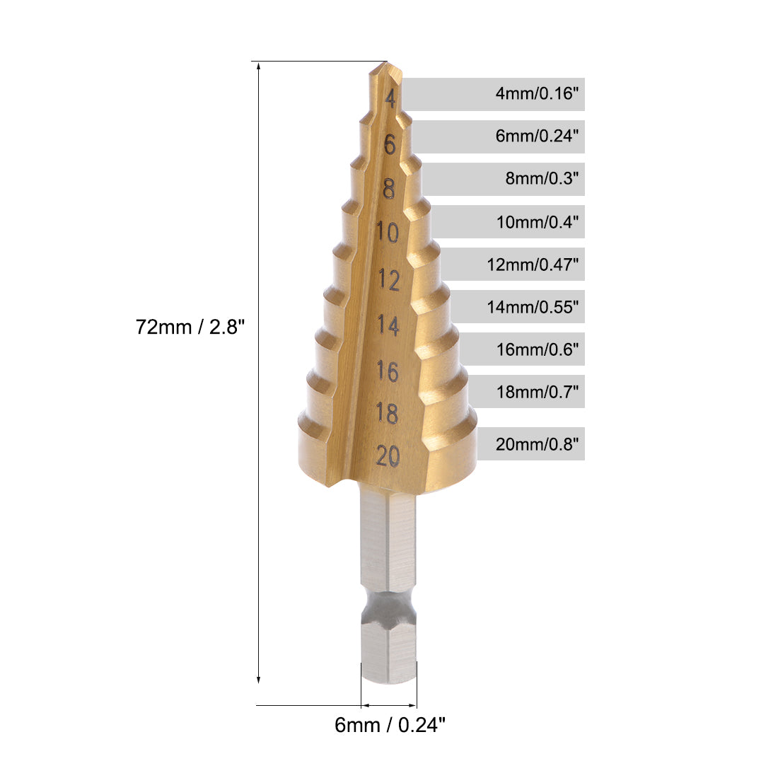 uxcell Uxcell Step Drill Bit HSS 4241 4mm to 20mm 9 Sizes Titanium Coated Straight Flutes Hex Shank for Metal Wood Plastic