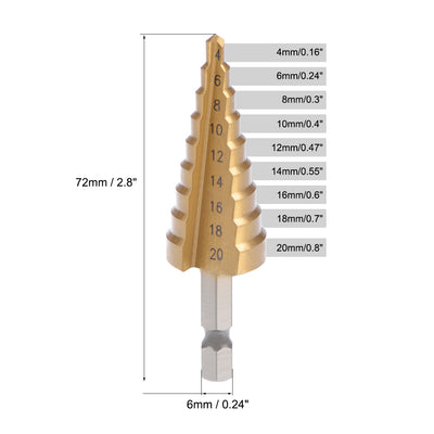 Harfington Uxcell Step Drill Bit HSS 4241 4mm to 20mm 9 Sizes Titanium Coated Straight Flutes Hex Shank for Metal Wood Plastic