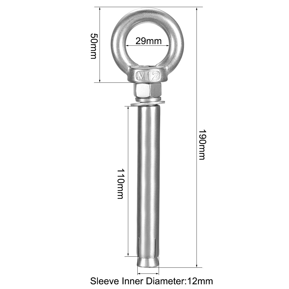 uxcell Uxcell M12 x 150 Expansion Eyebolt Eye Nut Screw with Ring Anchor Raw Bolts 1 Pcs