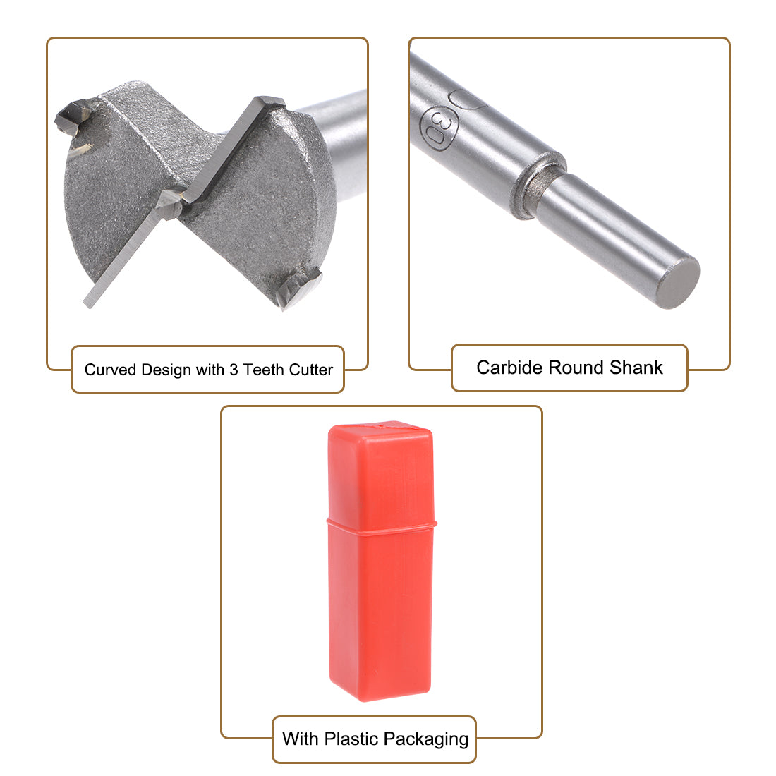 uxcell Uxcell Forstner Wood Boring Drill Bits 30mm Dia. Hole Saw Carbide Tip 8mm Round Shank Cutting for Hinge Plywood MDF CNC Tool