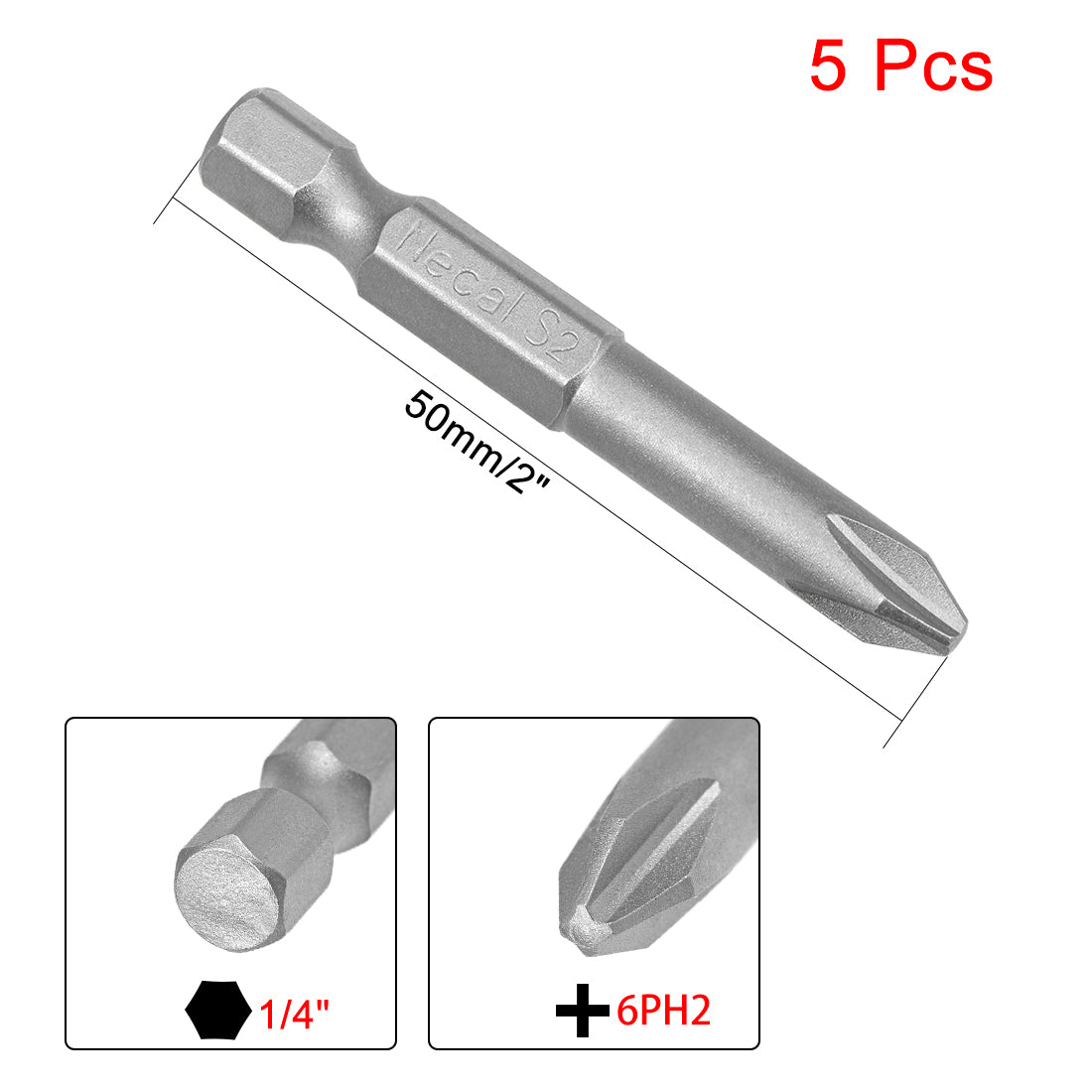 uxcell Uxcell 5Stk Kreuzschraubendreher 6PH2 Magnetische S2 Bits 1/4" Sechskant 50mm Länge