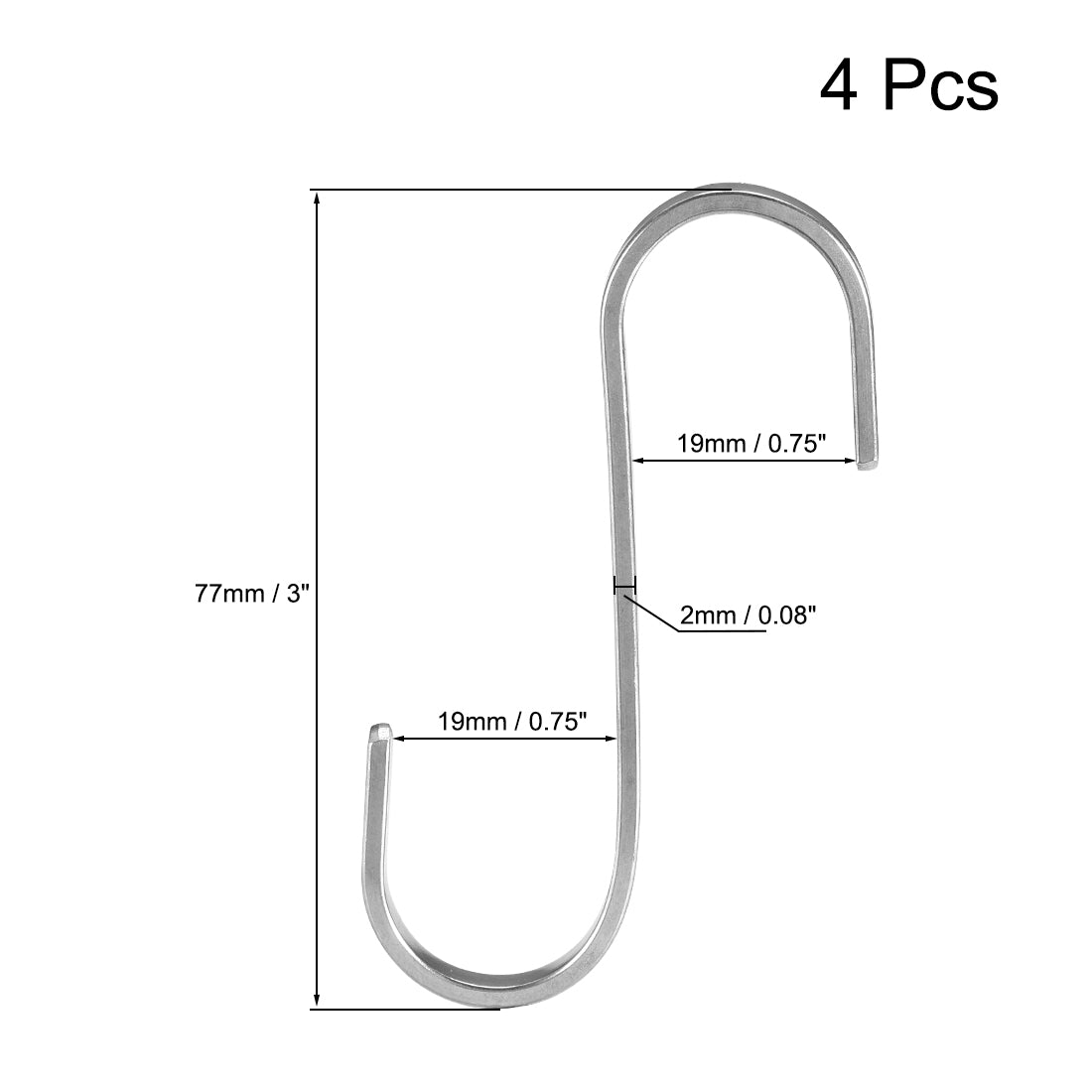 uxcell Uxcell Stainless Steel S Hooks 3" Flat S Shaped Hook Hangers 4pcs