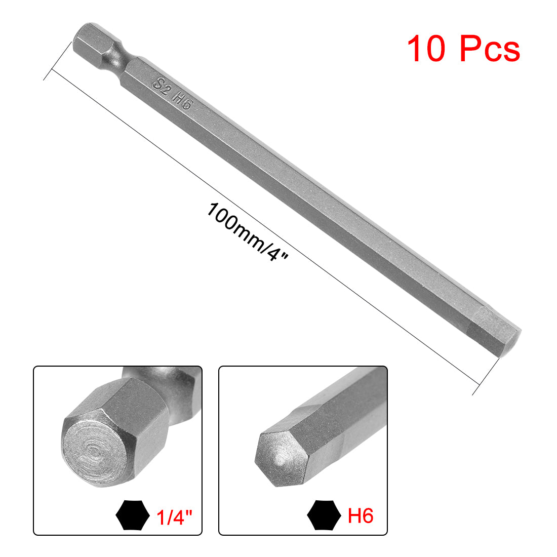 uxcell Uxcell 10Pcs 1/4" Hex Shank 100mm Length Magnetic Hex Head H6 Screwdriver Bits S2 Alloy Steel