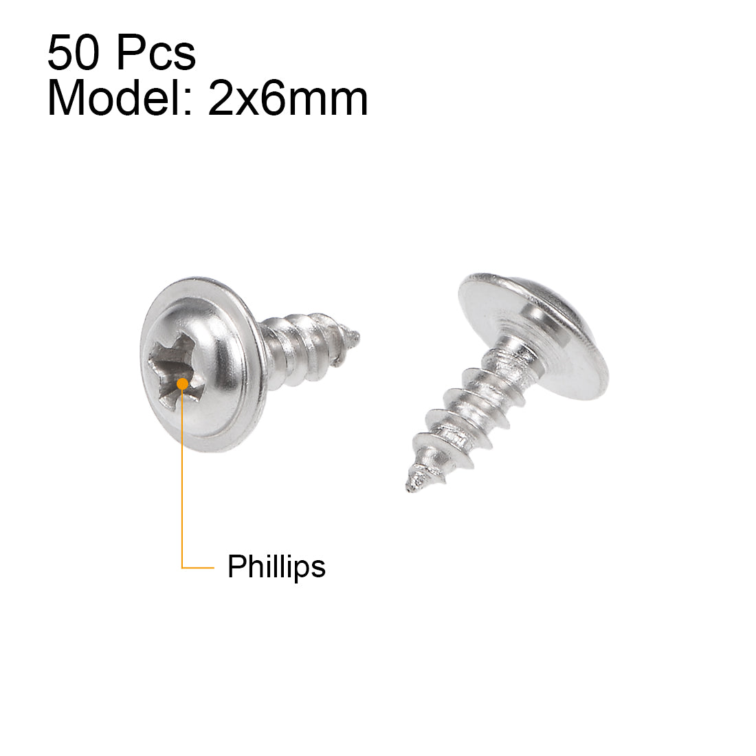 uxcell Uxcell 2x6mm Self Tapping Screws Phillips Pan Head With Washer Screw 304 Stainless Steel Fasteners Bolts 50Pcs