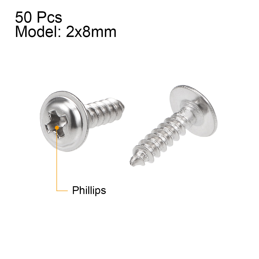 uxcell Uxcell 2x8mm Self Tapping Screws Phillips Pan Head With Washer Screw 304 Stainless Steel Fasteners Bolts 50Pcs