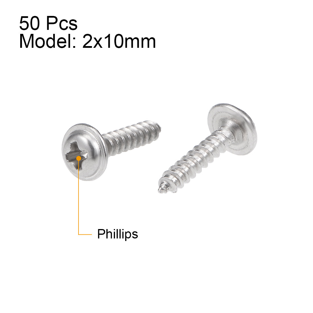 uxcell Uxcell 2x10mm Self Tapping Screws Phillips Pan Washer Head Screw 304 Stainless Steel Fasteners Bolts 50Pcs