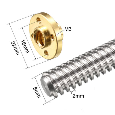 Harfington Uxcell 2Stk.Leitspindel Stange mit Kupfermutter für 3D Drucker 300mm T8 Pitch 2mm Führung 4mm