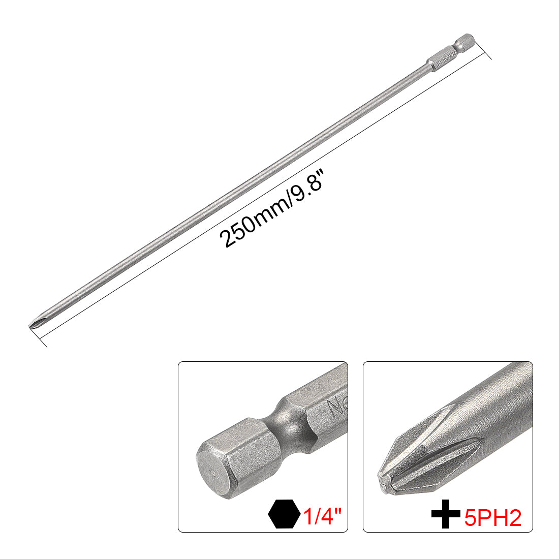 uxcell Uxcell 2pcs 1/4-Inch Hex Shank 250mm Length Phillips 5PH2 Magnetic Screw Driver S2 Screwdriver Bits