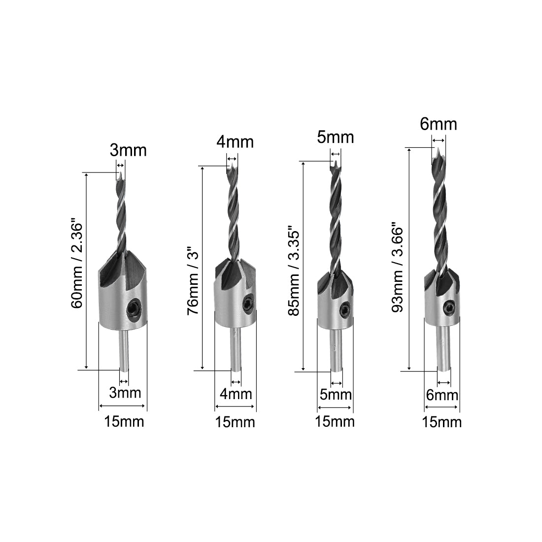 uxcell Uxcell Countersink Drill Bit Set, Quick Change Drill Bit with One Hex Key, Adjustable Carpentry Reamer Plated for Wood DIY, 4 Pcs (3mm, 4mm, 5mm, 6mm)