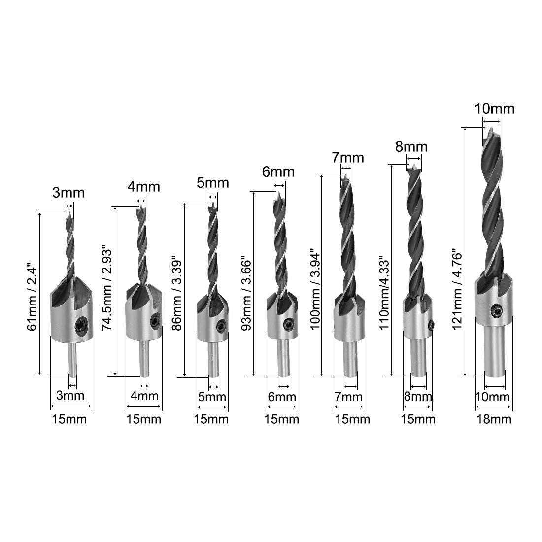 uxcell Uxcell Countersink Drill Bit Set, Quick Change Drill Bit with One Hex Key, Adjustable Carpentry Reamer Plated for Wood DIY, 7 Pcs (3-10mm)