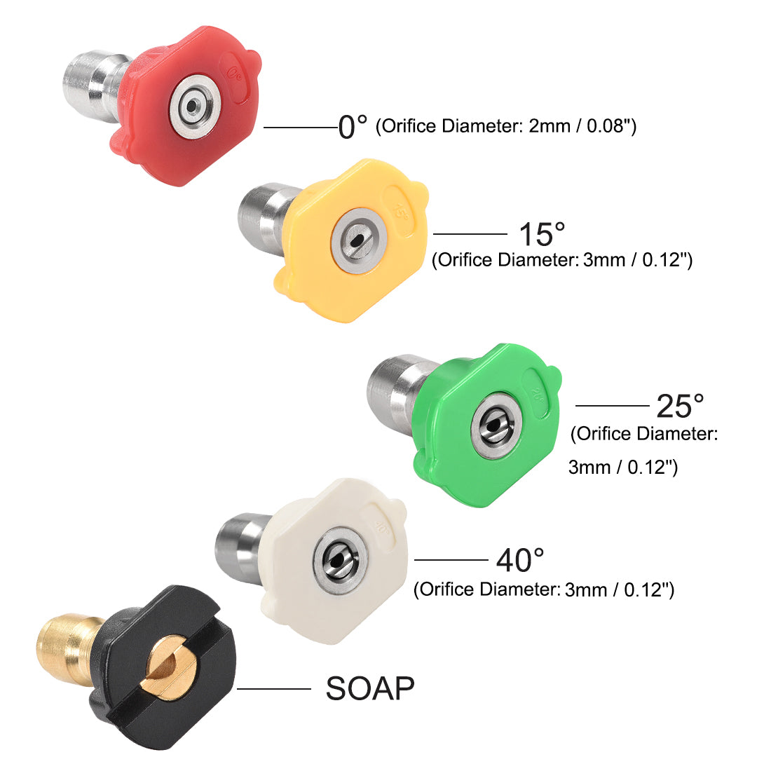 Uxcell Uxcell Pressure Washer Spray Nozzle Tips, 1/4" Multiple Degrees (1.2mm Orifice Diameter)