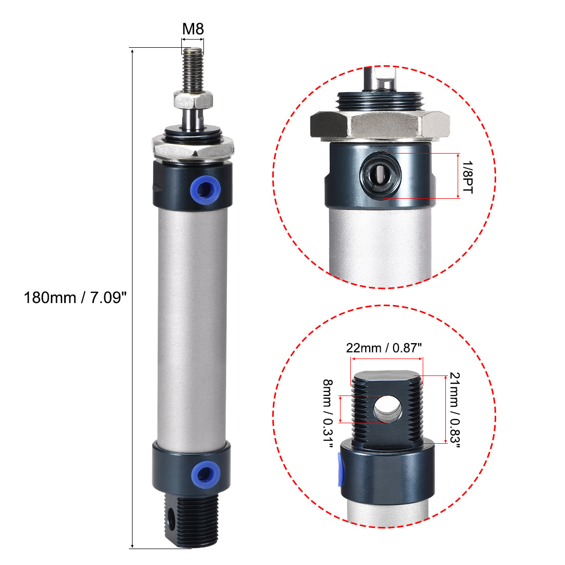 uxcell Uxcell Pneumatic Air Cylinder, 20mm Bore Stoke M8,Single Rod Double Action