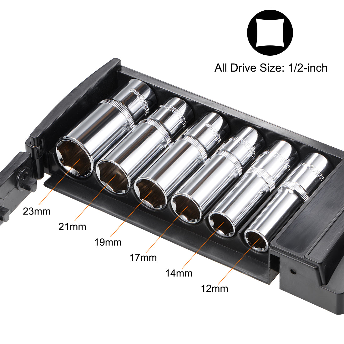 uxcell Uxcell 1/2-Inch Drive 6 Point Deep Socket Set 12mm - 23mm Metric Cr-V 6 Pcs