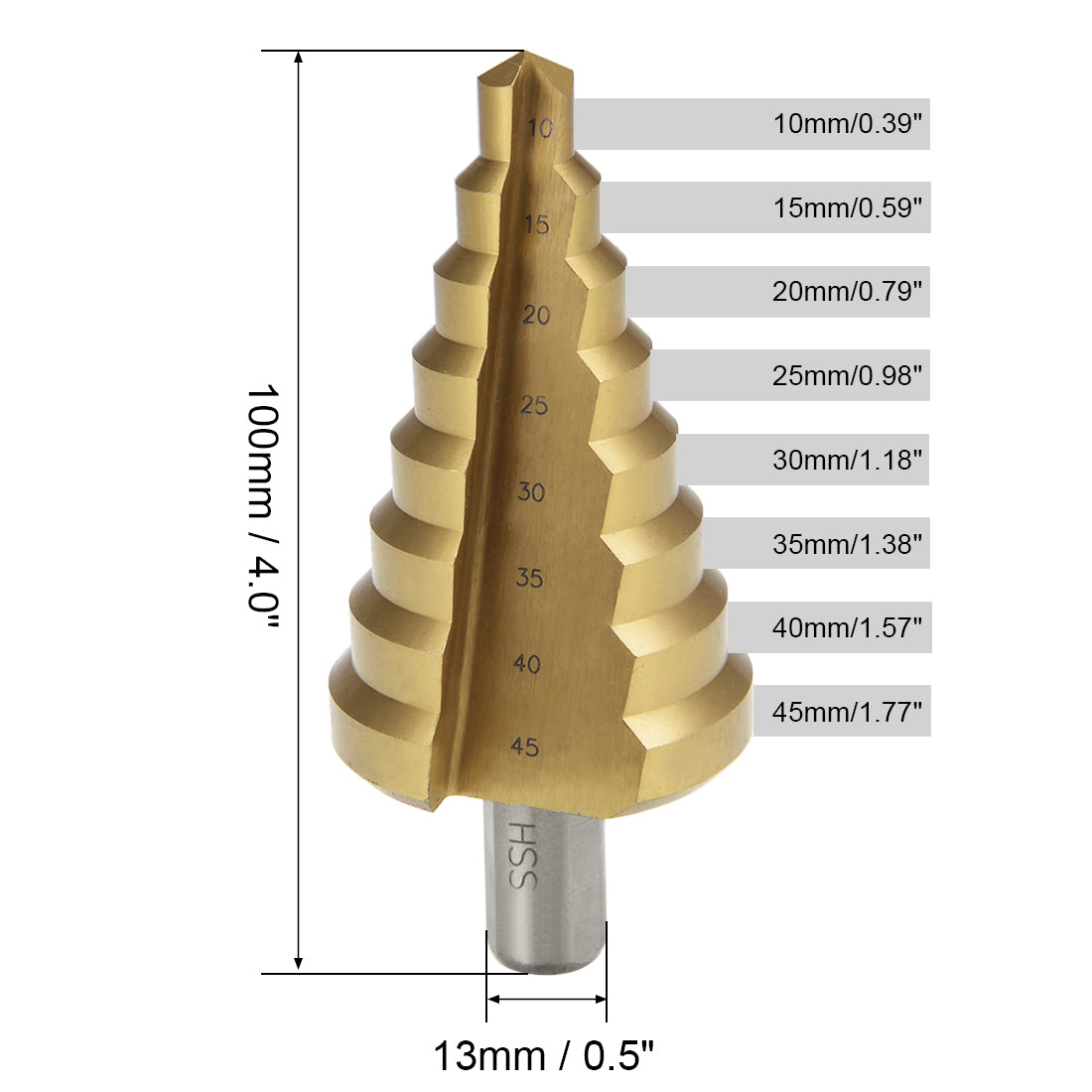 uxcell Uxcell Step Drill Bit HSS 10mm to 45mm 8 Sizes Titanium Coated Straight Flutes Trilateral Shank for Metal Wood Plastic