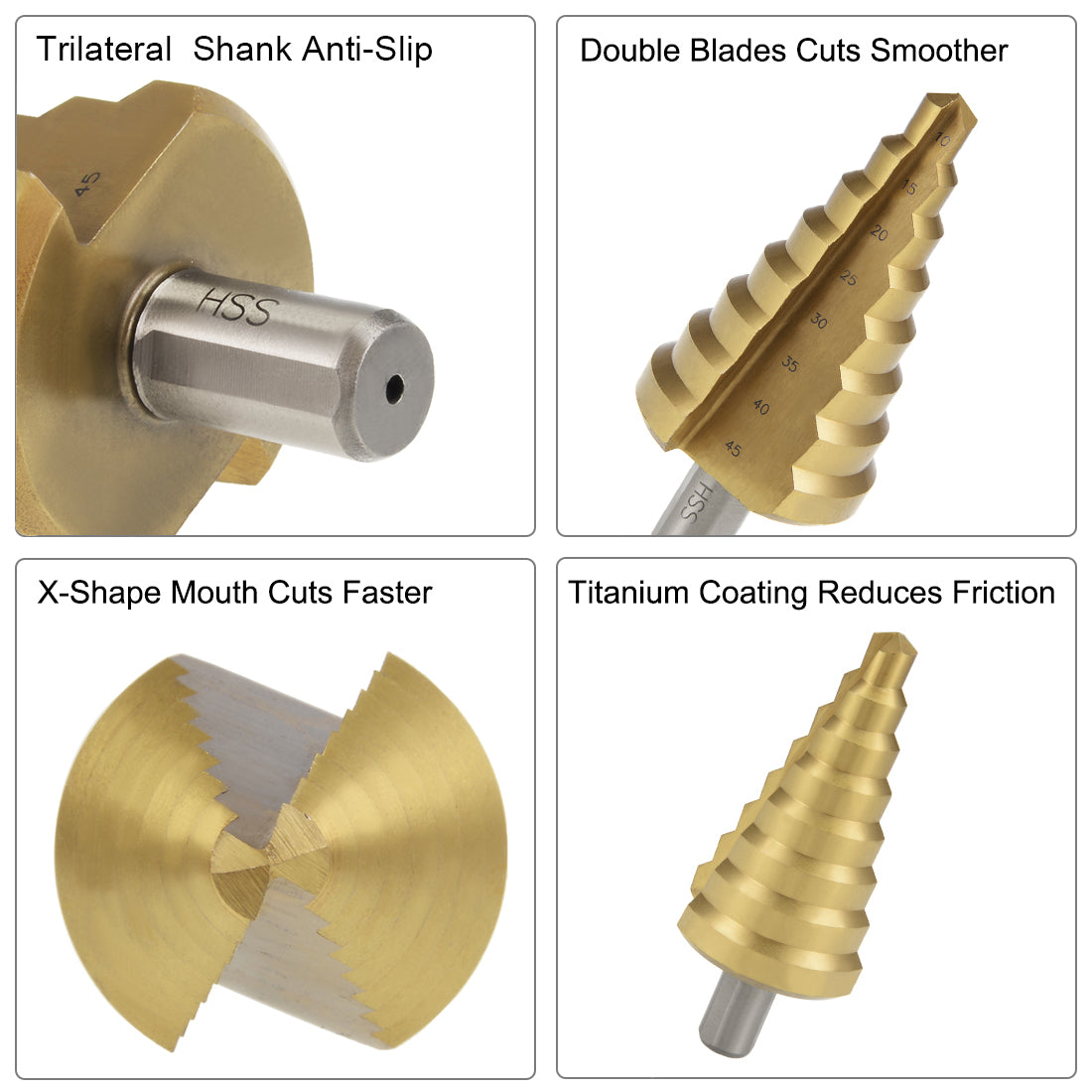 uxcell Uxcell Step Drill Bit HSS 10mm to 45mm 8 Sizes Titanium Coated Straight Flutes Trilateral Shank for Metal Wood Plastic