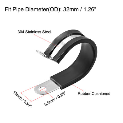 Harfington Uxcell 32mm Cable Clamp 304 Stainless Steel Rubber Cushioned Insulated Clamp R Shape Metal Clamp 8Pcs