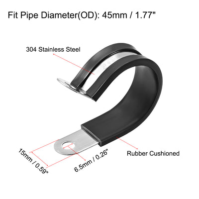 Harfington Uxcell 45mm Cable Clamp 304 Stainless Steel Rubber Cushioned Insulated Clamp R Shape Metal Clamp 10Pcs