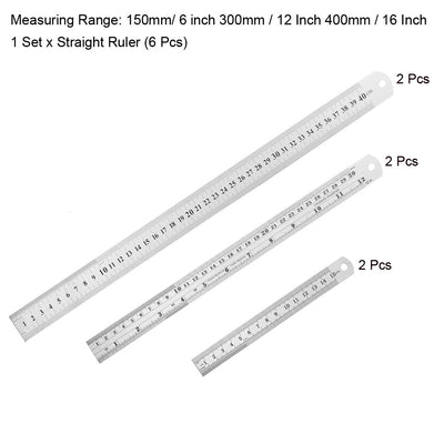 Harfington Uxcell Straight Ruler 150mm 6 Inch 300mm 12 Inch 400mm 16 Inch Metric Stainless Steel Measuring Ruler Tool with Hanging Hole 1 Set