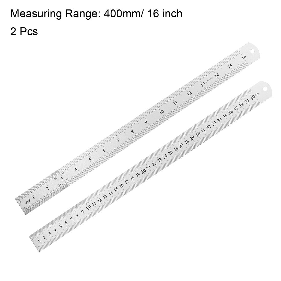 uxcell Uxcell Straight Ruler 400mm 16 Inch Metric Stainless Steel Measuring Ruler Tool with Hanging Hole 2pcs