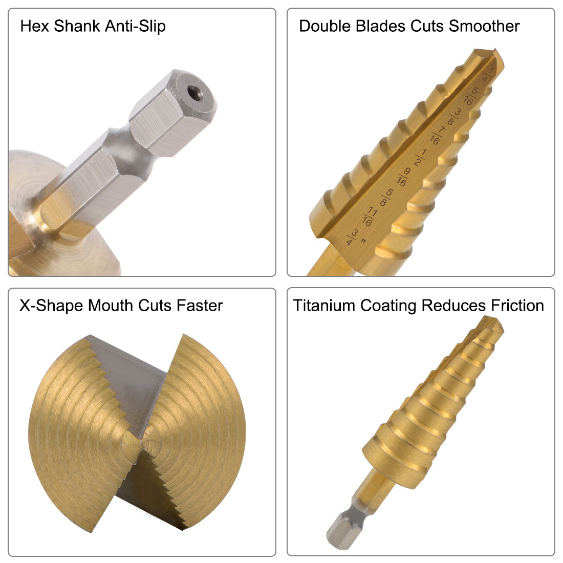 uxcell Uxcell Titanium Step Drill Bit Set 1/4"-3/4" 1/8"-1/2" 3/16"-1/2" Straight Flutes Hex Shank for Metal Wood Plastic