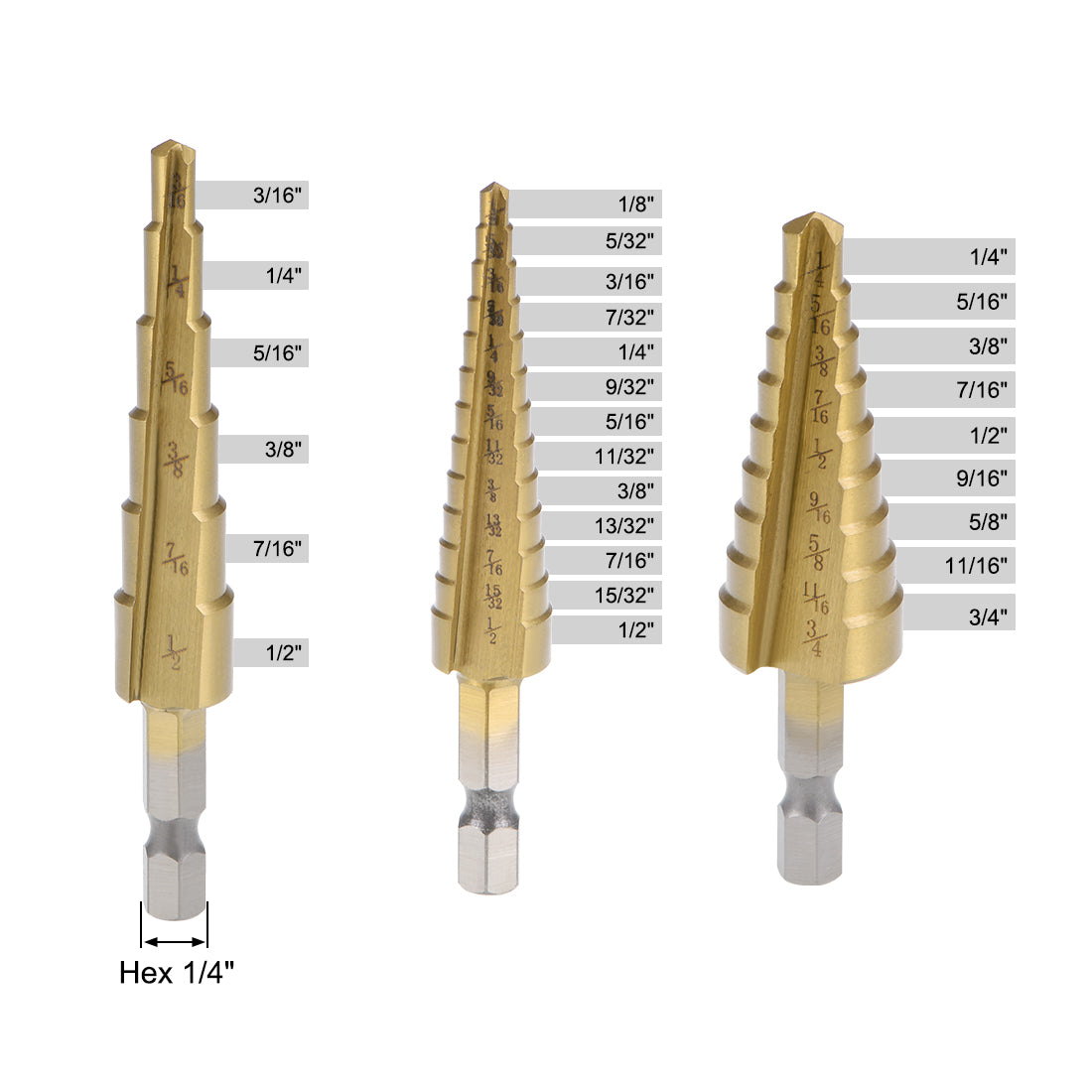 uxcell Uxcell Step Drill Bit Set Set 1/4"-3/4" 1/8"-1/2" 3/16"-1/2" HSS 4241 Titanium Coated Straight Flutes Hex Shank for Metal Wood Plastic