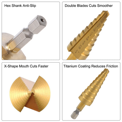 Harfington Uxcell Step Drill Bit Set Set 1/4"-3/4" 1/8"-1/2" 3/16"-1/2" HSS 4241 Titanium Coated Straight Flutes Hex Shank for Metal Wood Plastic