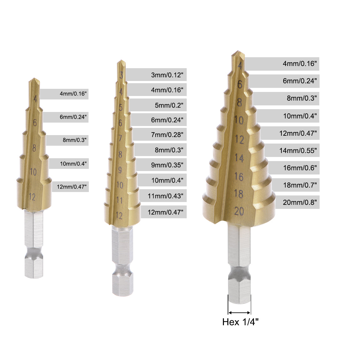 uxcell Uxcell Step Drill Bit Set 3-12mm 4-12mm 4-20mm HSS 4241 Titanium Coated Straight Flutes Hex Shank for Metal Wood Plastic