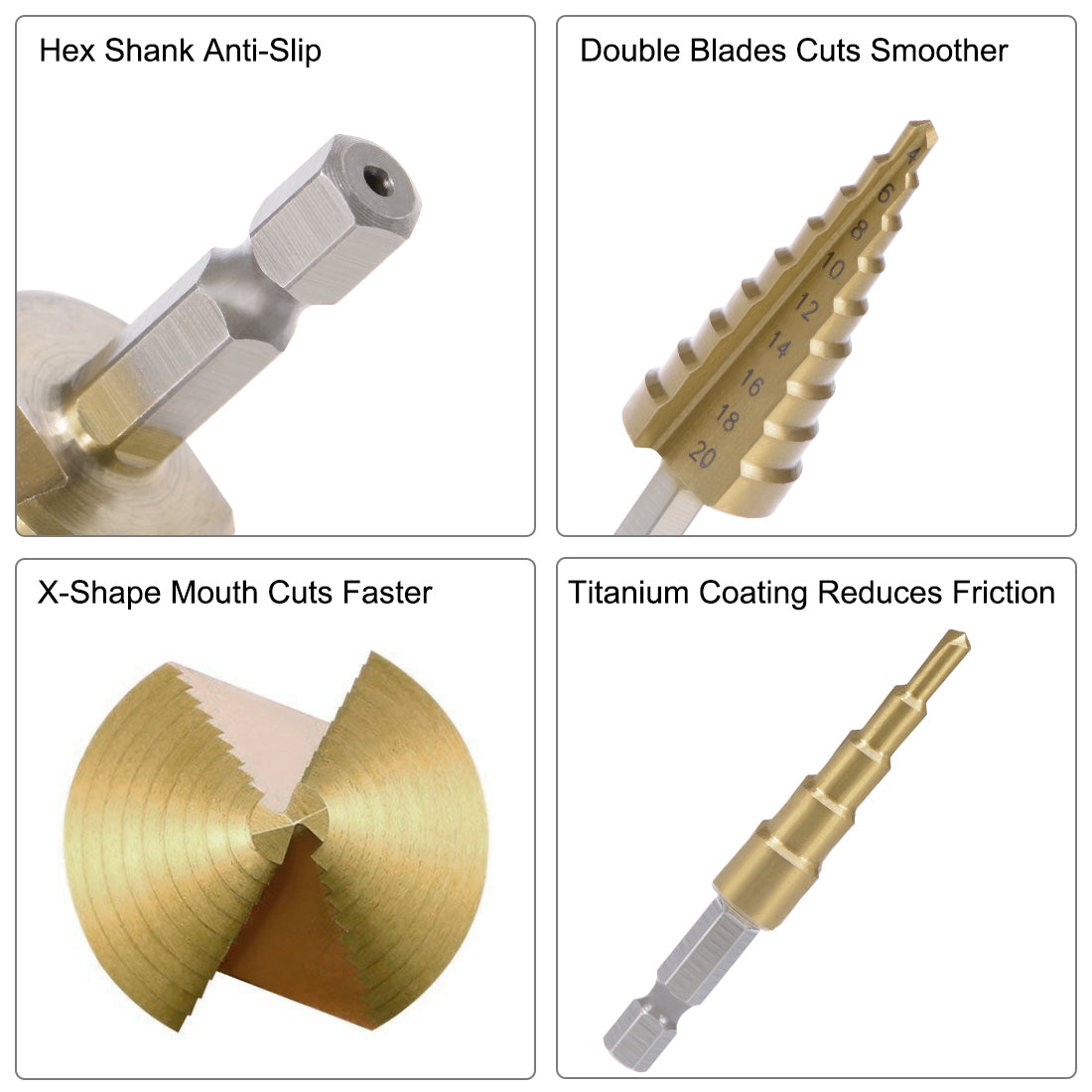 uxcell Uxcell Step Drill Bit Set 3-12mm 4-12mm 4-20mm HSS 4241 Titanium Coated Straight Flutes Hex Shank for Metal Wood Plastic