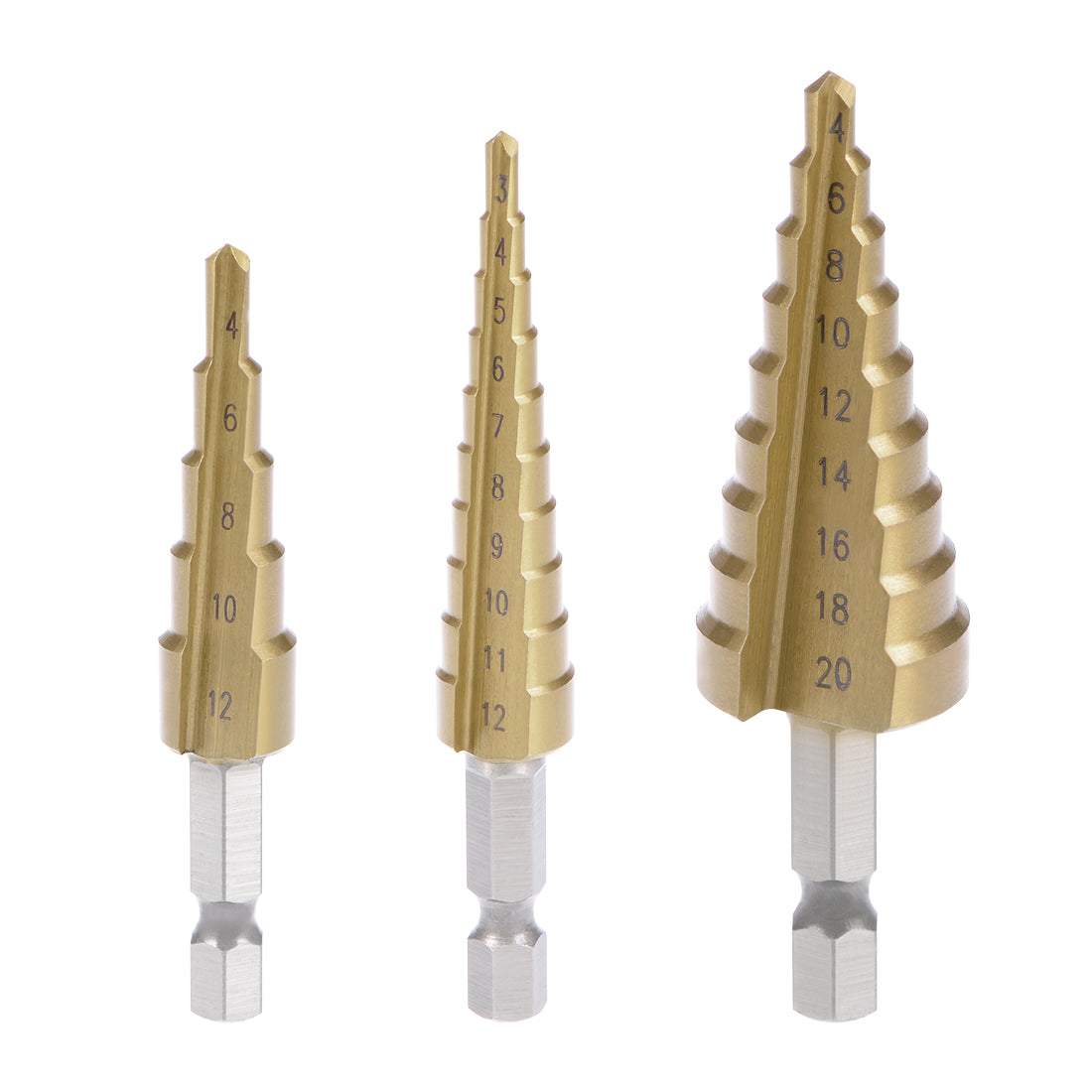 uxcell Uxcell Step Drill Bit Set 3-12mm 4-12mm 4-20mm HSS 4241 Titanium Coated Straight Flutes Hex Shank for Metal Wood Plastic