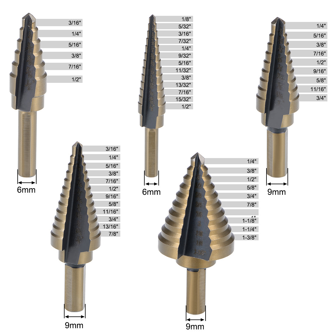 uxcell Uxcell Step Drill Bit Set 1/4"-3/4" 1/4"-1-3/8" 1/8"-1/2" 3/16"-1/2" 1/16"-7/8" HSS4241 Titanium Coated Straight Flutes Trilateral Shank for Metal Wood