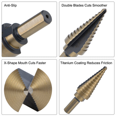 Harfington Uxcell Step Drill Bit Set 1/4"-3/4" 1/4"-1-3/8" 1/8"-1/2" 3/16"-1/2" 1/16"-7/8" HSS4241 Titanium Coated Straight Flutes Trilateral Shank for Metal Wood