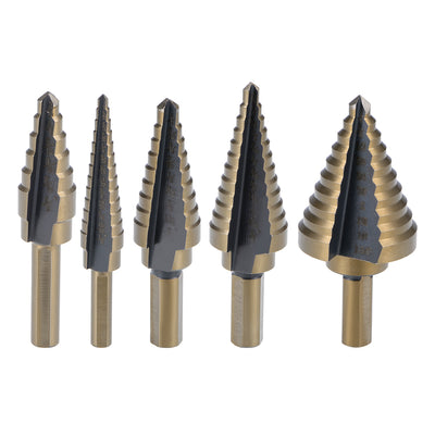 Harfington Uxcell Step Drill Bit Set 1/4"-3/4" 1/4"-1-3/8" 1/8"-1/2" 3/16"-1/2" 1/16"-7/8" HSS4241 Titanium Coated Straight Flutes Trilateral Shank for Metal Wood