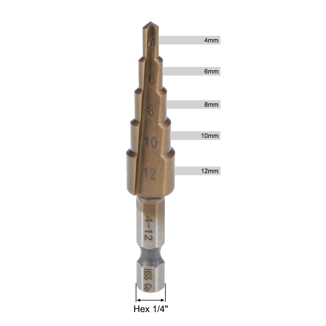 uxcell Uxcell Step Drill Bit 4mm to 12mm 5 Sizes HSS M35 Cobalt Straight Flutes Hex Shank for Metal Wood Plastic