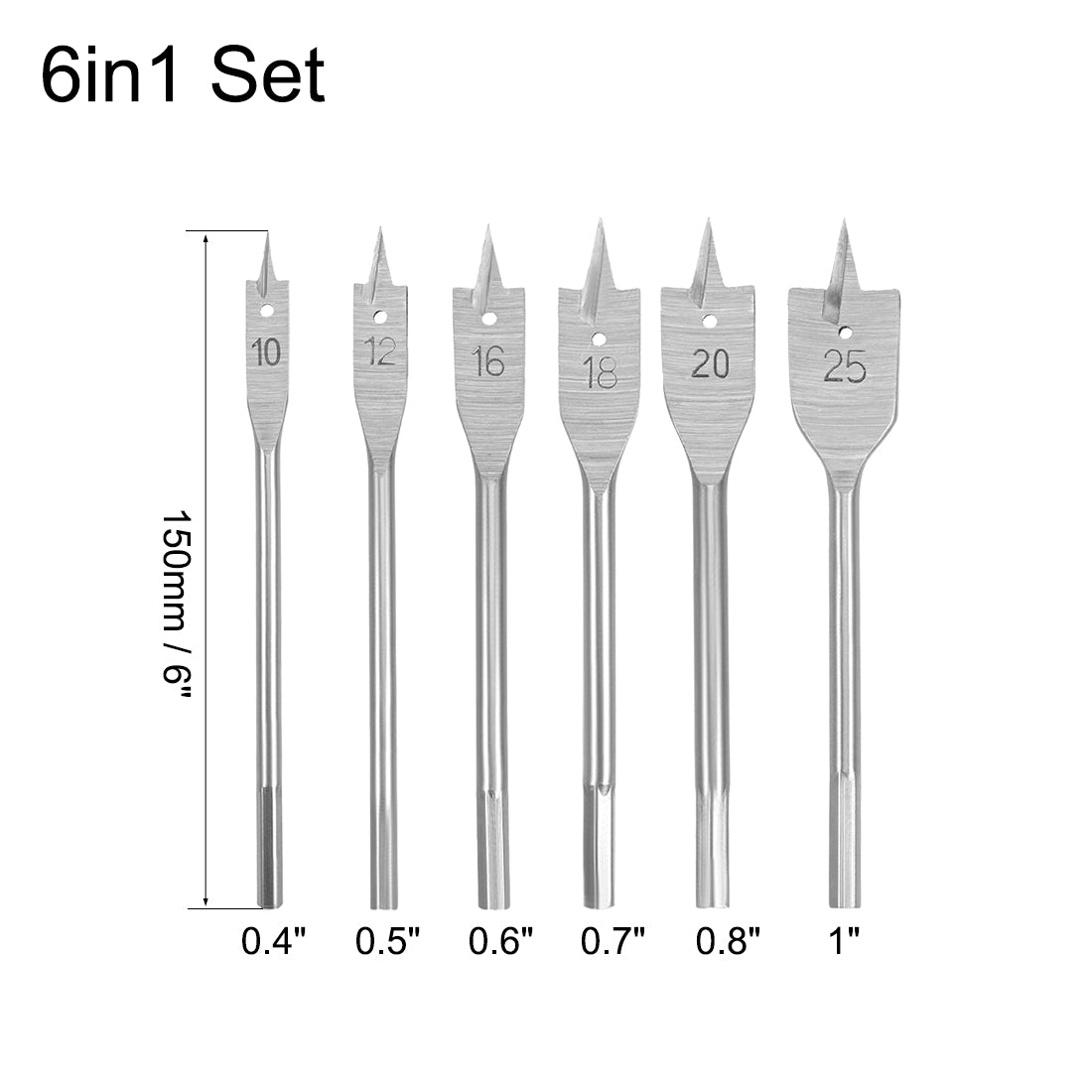 uxcell Uxcell Spade Drill Bits for Wood Paddle Flat Bit 10 12 16 18 20 25 mm Hex Shank for Woodworking DIY Cutter Tool, High Carbon Steel 6in1 Set