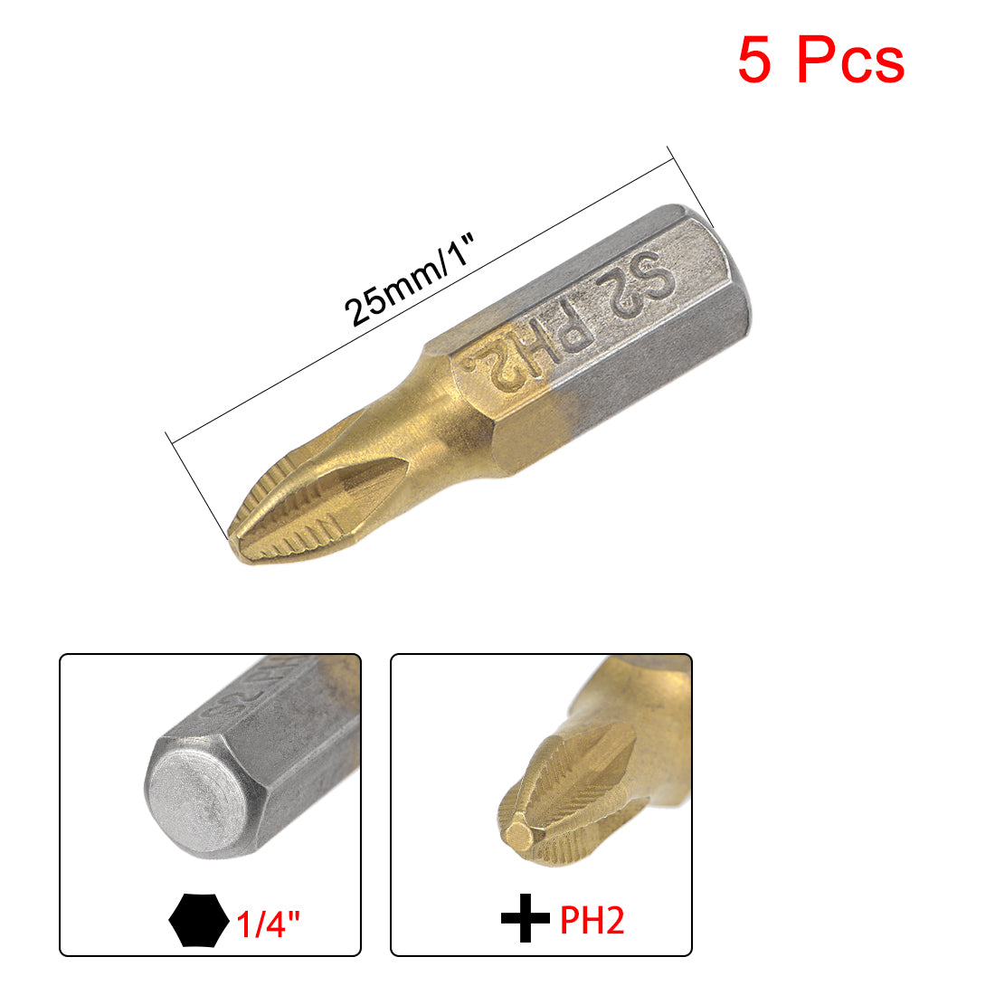 uxcell Uxcell 1/4-Inch Hex Shank Magnetic Phillips Cross Screwdriver Bit, 25mm Length PH2 Titanium Plating S2 Non-Slip Screwdriver Bits 5pcs