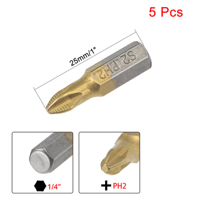 Harfington Uxcell 1/4-Inch Hex Shank Magnetic Phillips Cross Screwdriver Bit, 25mm Length PH2 Titanium Plating S2 Non-Slip Screwdriver Bits 5pcs