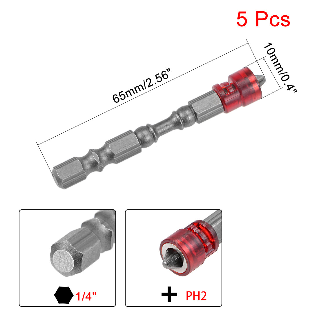 uxcell Uxcell Magnetic  Design Phillips Cross PH2 Screwdriver Single-Head Bits Set, 1/4 Inch Hex Shank Electric Power Screw Driver Bit, 5pcs