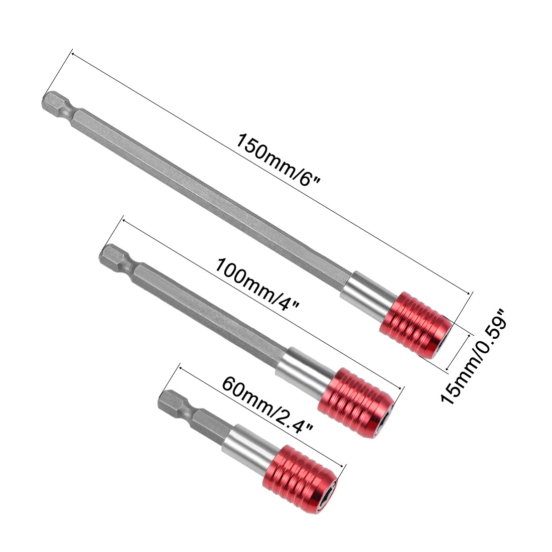 uxcell Uxcell Extension Extend Socket Drill Bit Holder, Magnetic Hex Screwdriver Power Tools ,2.4/ 4/ 6-inch Length,1/4''-Hexagon Drill Red 3pcs